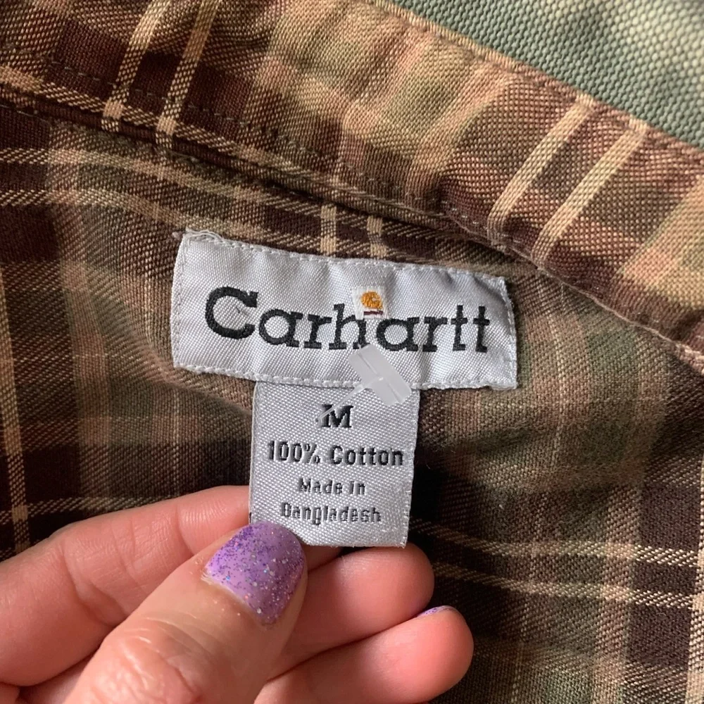 Vintage Carhartt Barn Jacket Khaki Green Cotton Canvas Flannel Lined Shacket - Picture 9 of 13